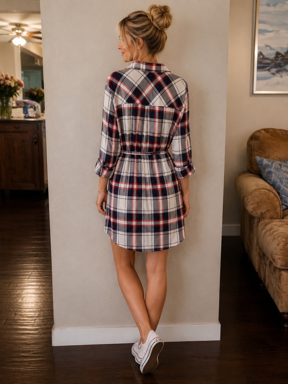 Bll nyc Plaid Button-Front Long Sleeve Shirt Dress in Navy, Red, White. - Picture 2 of 6